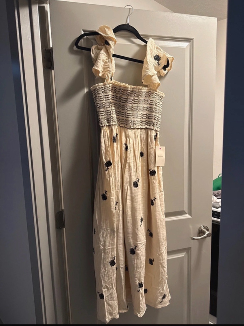 Bohme Cream Smocked Midi Dress with Black Floral Embroidery